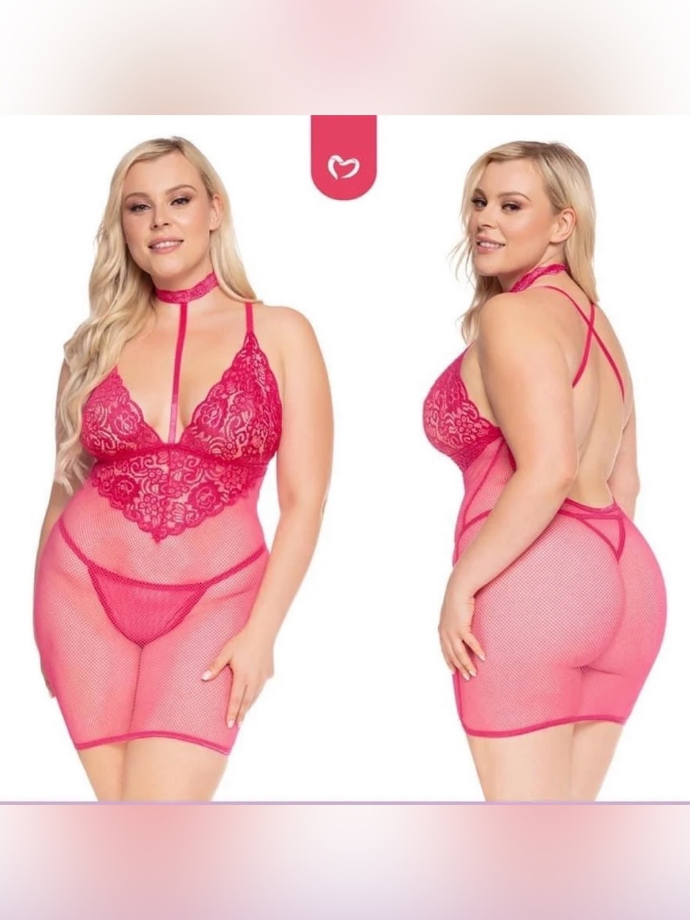 Pure Romance Hot Pink Sheer Collared Slip & G-String Plus Size OS Queen 16-20